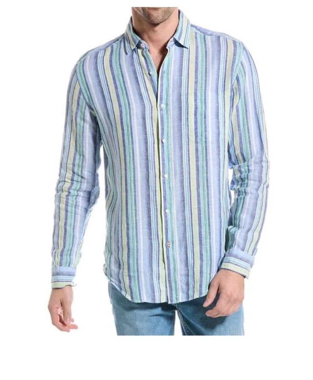 J. McLaughlin Stripe Linen Button Down Shirt Blue Size Medium